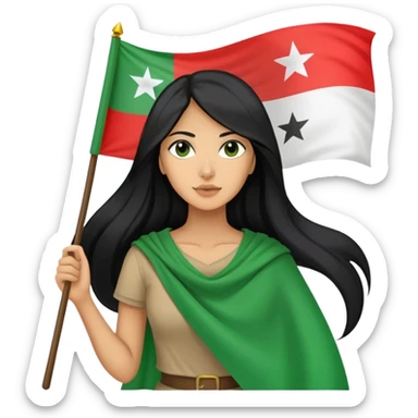 Women holding the Syrian green flag with three stars long hair and the flag with stick sticker