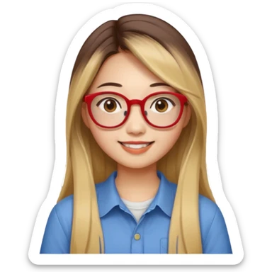 20 yr old asian woman, straight thick long brown hair, blond at ends of hair, middle part, big red glasses, brown eyes, casual shirt sticker