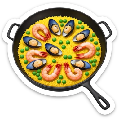 paella emoji, round pan with yellow rice, shrimp, mussels, and peas sticker