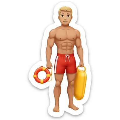 Muscular lifeguard man on beach with rescue tube sticker