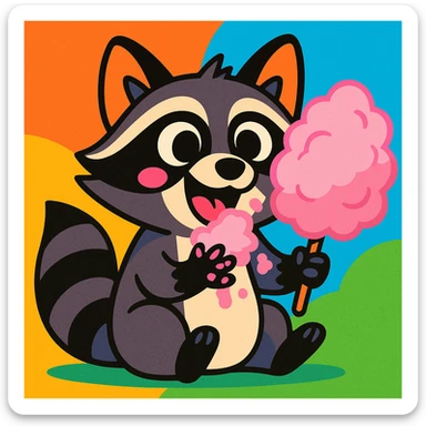 raccoon with sticky paws eating cotton candy, whimsical illustration, vibrant colors, cartoon style sticker