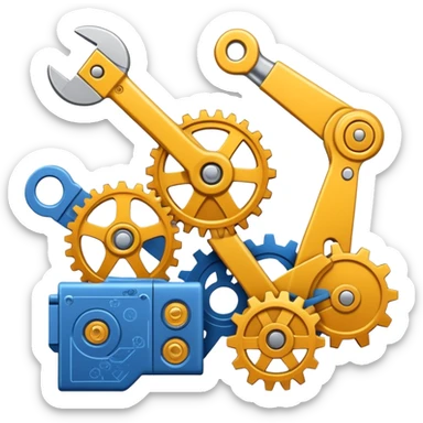 An icon featuring gears, a wrench, and a blueprint, symbolizing engineering. The design includes a mechanical arm, circuit boards, and construction tools, representing innovation, problem-solving, and technological advancement. Transparent background highlights the science of design sticker
