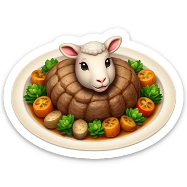 Cinematic Realistic Roast Lamb Dish Emoji, depicted with tender, succulent lamb roasted to perfection and served with seasonal vegetables, rendered with rich textures and inviting warm lighting that captures its traditional heritage. sticker