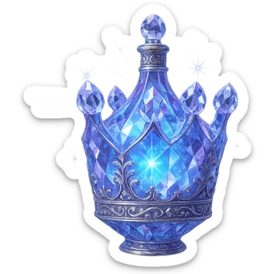 luxurious crystal elixir bottle shaped like a crown that also functions as a bottle, color #7986cb, multi-layered holographic and silver filigree, intricate crystal texture, magical glowing and sparkling effects, radiant light beams, very small neck, seamless ornate bottom, transparent background, bottle clearly floating in air, no base or shadow, not standing, modern, collection style, extremely beautiful and refined sticker