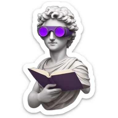 an EMOJI OF A ancient young greek statue reading a book, wearing VR glasses, purple colors, DIGITAL UNIVERSE sticker