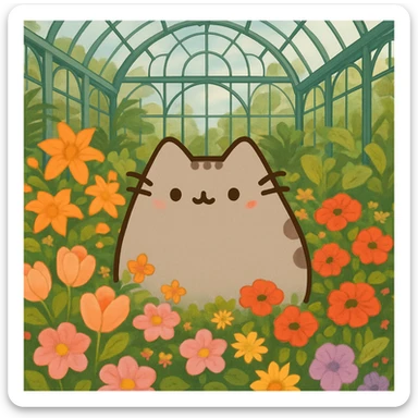 pusheen cat surrounded by flowers in a botanical garden greenhouse sticker