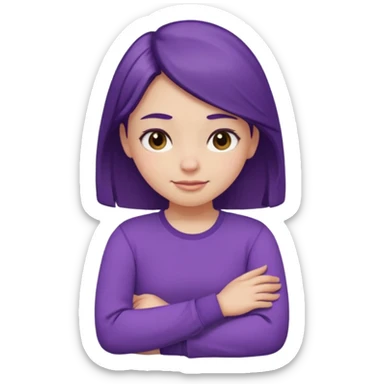 Pouty girl with squinted eyes folding arms in a purple longsleeve shirt she has fair skin sticker
