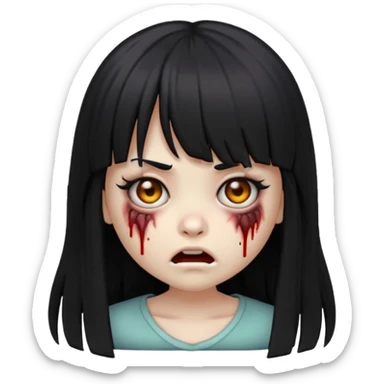 scary expression zombie girl emoji with black eyes, long black hair and bangs sticker