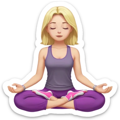 yellow-skinned woman sitting in a cross-legged meditation pose. She has shoulder-length blonde hair and wears a purple tank top, gray pants, and pink shoes. Her eyes are closed, and she has a peaceful, relaxed expression. Her hands rest on her knees with her fingers forming a meditation mudra sticker