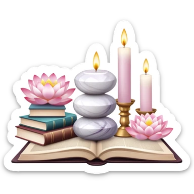 Aesthetic candles, flower petals, books, marble stand, crystal stones, lotus, feathers, zen, decoration, meditation,  sticker
