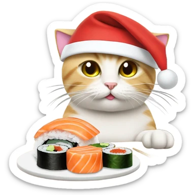 cat wearing a santa hat and eating sushi sticker