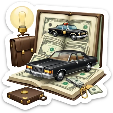 Icon for Action & Crime Reading: an open book with dramatic crime scenes—bullet holes on pages, a detective badge, a revolver, and a getaway car. Surrounding elements include a briefcase with cash and a flickering streetlight. Transparent background. sticker