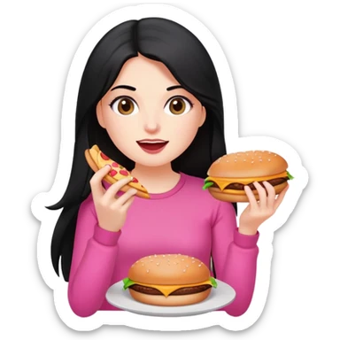 White girl in pink clothes and long black hair eating burger and pizza sticker