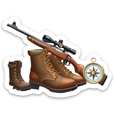 Icon for Hunting Tourism: a double-barrelled hunting rifle, hunting boots and a compass on a forest background, with a silhouette of wildlife in the distance. The icon should capture the adventure and connection with nature in hunting tourism. Transparent background. sticker