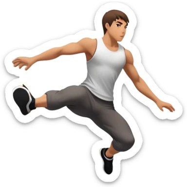 A person performing a parkour move, leaping between buildings or scaling a wall with agility and precision. The scene captures dynamic motion, showcasing strength, flexibility, and the thrill of urban acrobatics against an urban cityscape backdrop. sticker