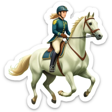 An icon featuring a horse and rider galloping gracefully over a lush green field. The rider is in full gear, guiding the horse with precision. The background shows rolling hills, a clear blue sky, and vibrant sunlight illuminating the scene. Transparent background highlights the elegance sticker