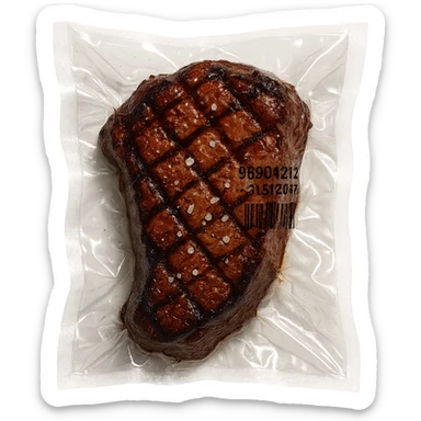 grilled steak with scattered small sparkling crystals, glossy, vacuum-sealed style sticker