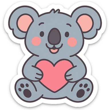 smiling cartoon koala sitting with a heart in its lap, pastel toon style sticker
