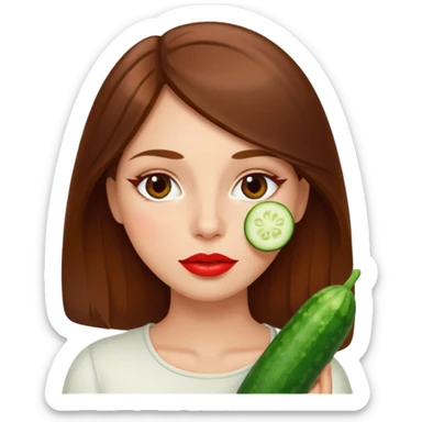 brownhaired woman with red lips and cucumber on eyes sticker