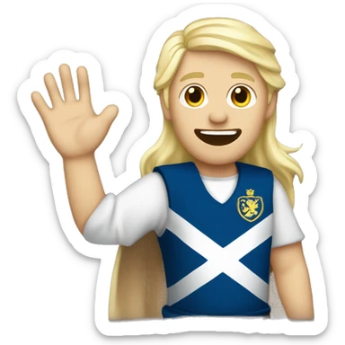Male with blonde hair waving hand to say hello with a Scotland sticker