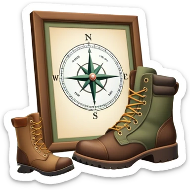 Icon for Hunting Tourism: a rifle, hunting boots, and a compass on a forest background, with a silhouette of wildlife in the distance. The icon should capture the adventure and connection with nature in hunting tourism. Transparent background. sticker