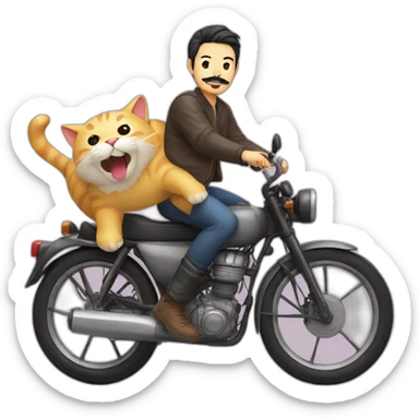 Asian guy with mustache and beard riding a giant cat sticker
