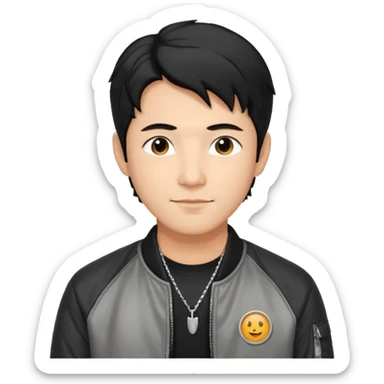 Handsome and mature Asian guy wavy hair, wearing silver necklace, dressed cool in black bomber jacket, demure but with a smirk  sticker