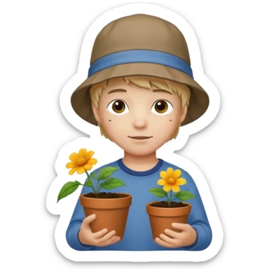 young boy wearing bucket hat, holding a flower pot sticker