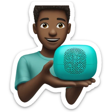 Realistic turquoise portable smart speaker being held by boy. sticker