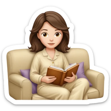 Woman with brunette hair reading on sofa. Soft wavy hair. Beige ivory pyjamas  sticker