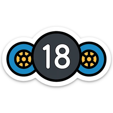 black circle with white 18, stylized with two semi truck wheels on the sides, modern icon look sticker