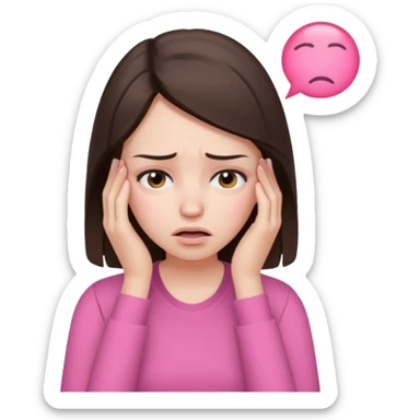 a female brunette with stress and headache wearing pink sticker