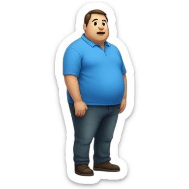 fat man in a blue shirt standing in front of a whiteboard sticker