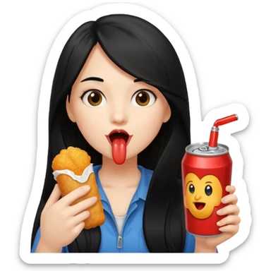 girl with long black hair eating with mouth on the chicken nugget and holding a soda can sticker