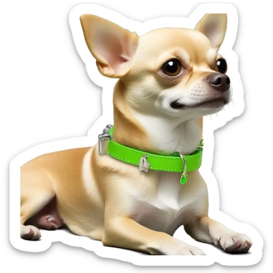 Tan chihuahua sitting with lime green collar with silver dog bone tag sticker