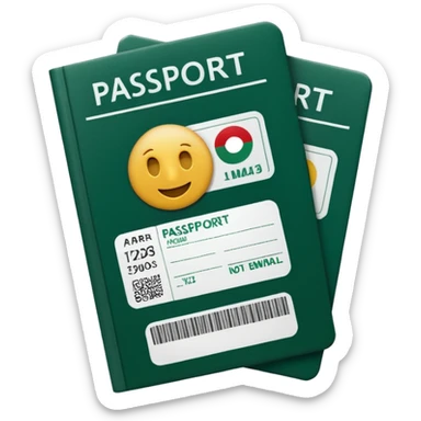 dark green passport with visible long white airline tickets sticking out, no faces or emojis, emoji style sticker