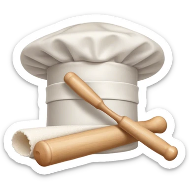 Cinematic Realistic Chef Hat & Rolling Pin, crisp white cotton hat with soft folds, resting beside a classic wooden rolling pin with smooth, polished curves, a light dusting of flour adding authenticity, warm kitchen lighting casting gentle shadows, glowing with a cozy and inviting charm. sticker