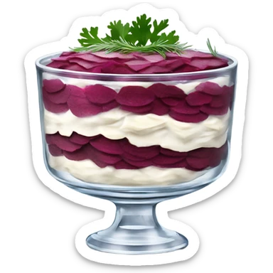 Shuba russian Layered Beet dish  with Herring and mayonnaise in Crystal bowl, dill on top  sticker