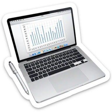 top view of a MacBook, open notebook with visible handwritten bar charts, and pen beside them sticker