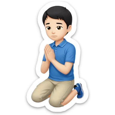 In Niño de cabello negro , arrodillado orando con polo azul sticker