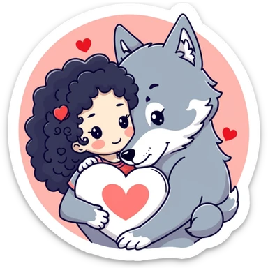 Black curly hair white skin girl hugging one big wolf with hearts above them sticker