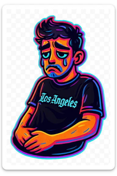 Convert the photo to a cartoon sticker in the style of Flux Pro with a sad expression and transparent background. The style should reflect the vibrant and pop colors typical of Flux Pro cartoon stickers. sticker
