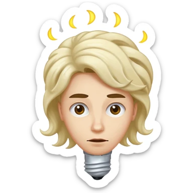 crea Una carita con un remolino en la cabeza, una bombilla encendida sobre ella y una ceja levantada. sticker