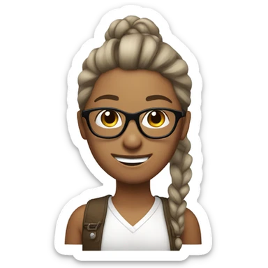 white, brown hair in ponytail, glasses and winking and peace sign sticker