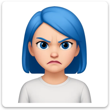 emoji of a girl with blue hair to shoulders, blue eyes, pink lips, wearing a white shirt, angry expression sticker
