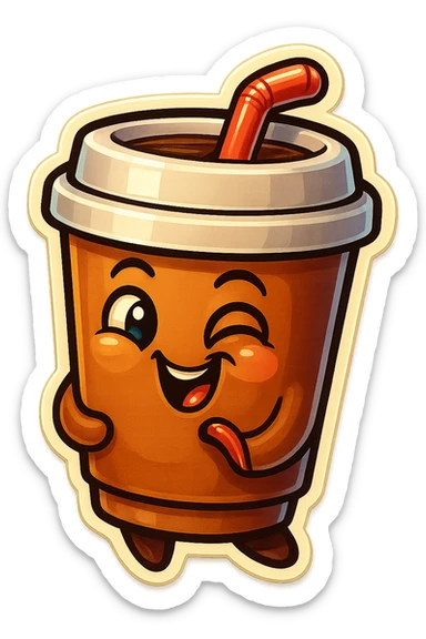Tall coffee cup, amused, giggling, mischievous, drinking coffee with straw, looking sideways sticker