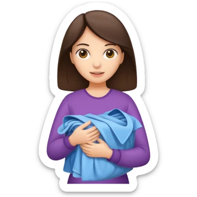 brunette woman holding laundry sticker