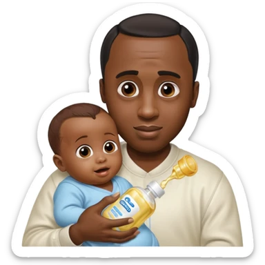 Sean “Diddy” Combs with baby oil and a very small infant and he’s pouring the baby oil on the baby and they have a scared face they’re really scared while diddy is happy sticker