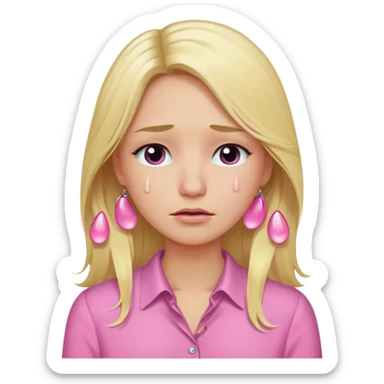 Me with long blond hair in a pink blouse with tears in my eyes sticker