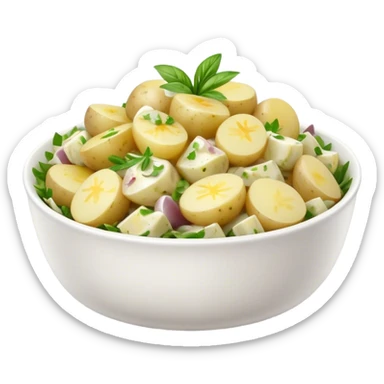 Cinematic Realistic Kartoffelsalat Dish Emoji, showcasing a traditional potato salad with fresh herbs and tangy dressing rendered with lifelike detail and vibrant, natural lighting. sticker